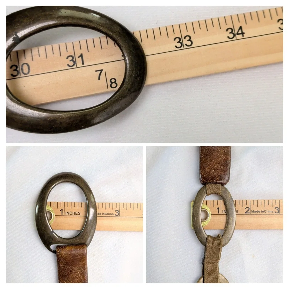 Suzi Roher Bronze Metal Oval Link Leather Elastic Chain Belt Hip Belt Medium